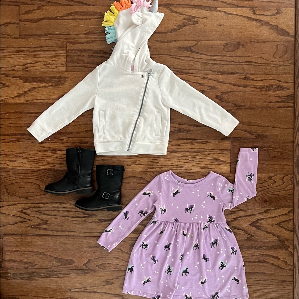 Girls size: 3T Unicorn Jacket, Dress and Boot Style Bundle (3 pieces)